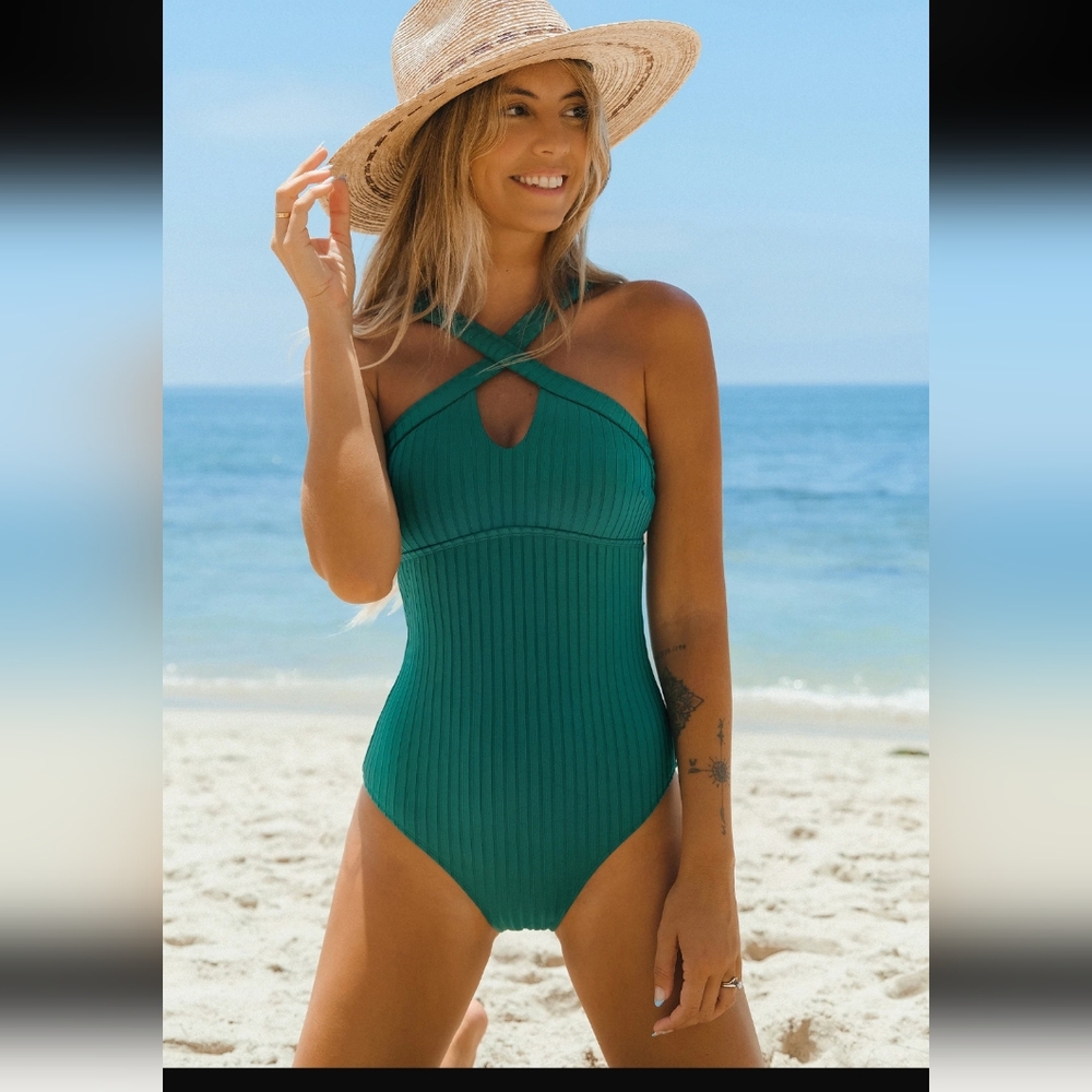 NWT Cupshe Tealish Green Ribbed One Piece Swimsuit